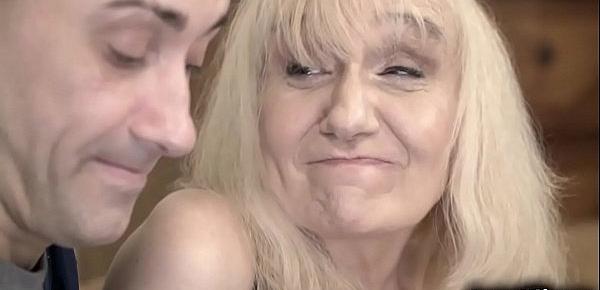  Grandma Nanney is horny right now, she her hot neighbor Mugur and begs him to fuck her vintage pussy.